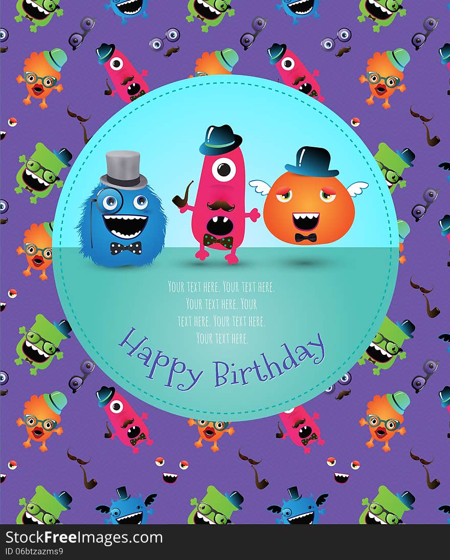 Hipster Monster Happy Birthday Card. Vector Illustration