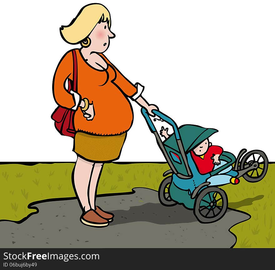 Pregnant woman with toddler in pushchair. Pregnant woman with toddler in pushchair