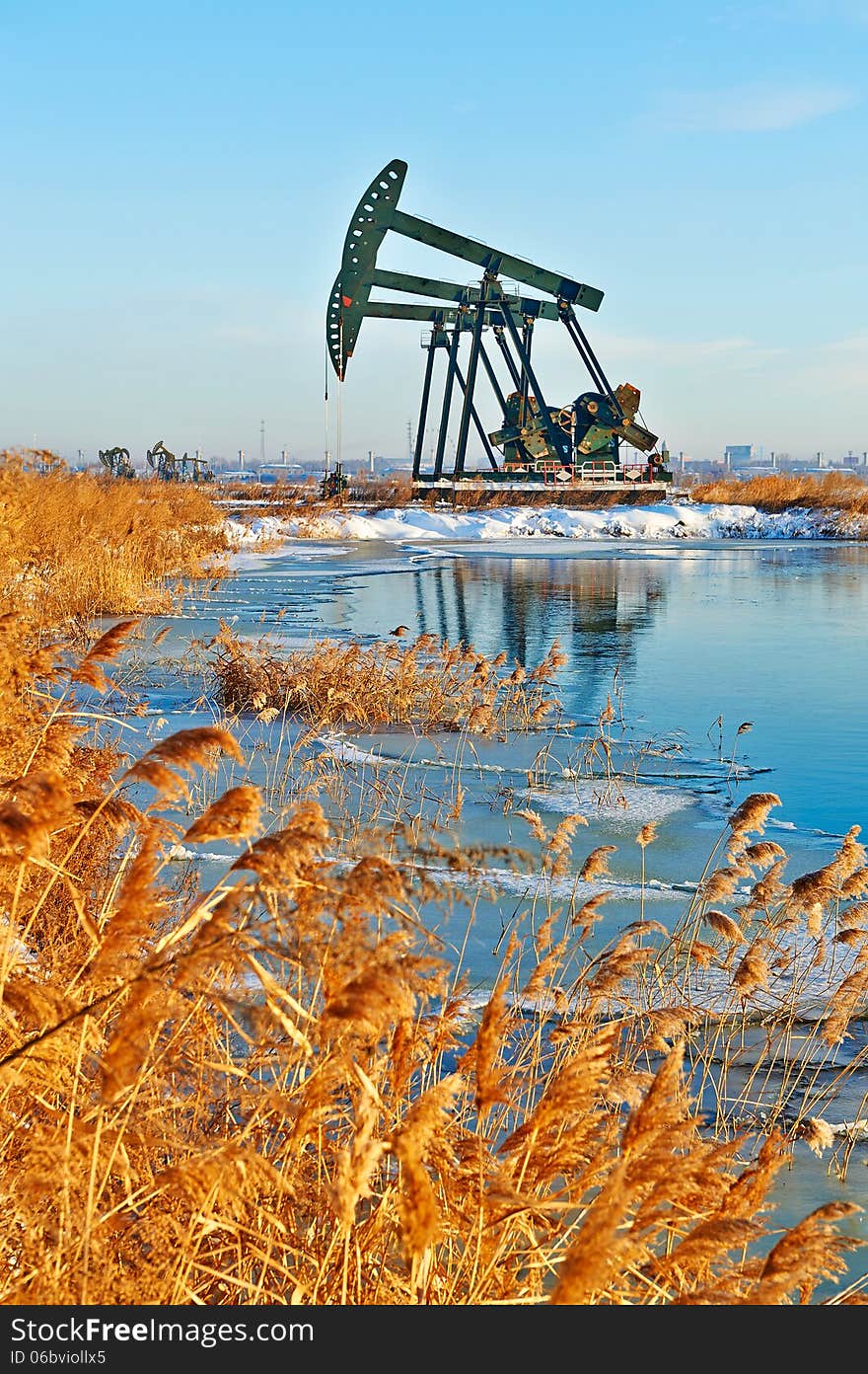 The oil sucking machine and reed snow lakeside