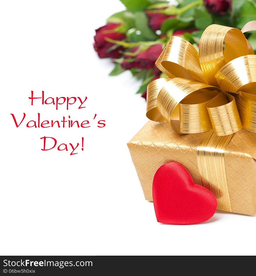 Golden gift box, red heart and flowers, isolated on white