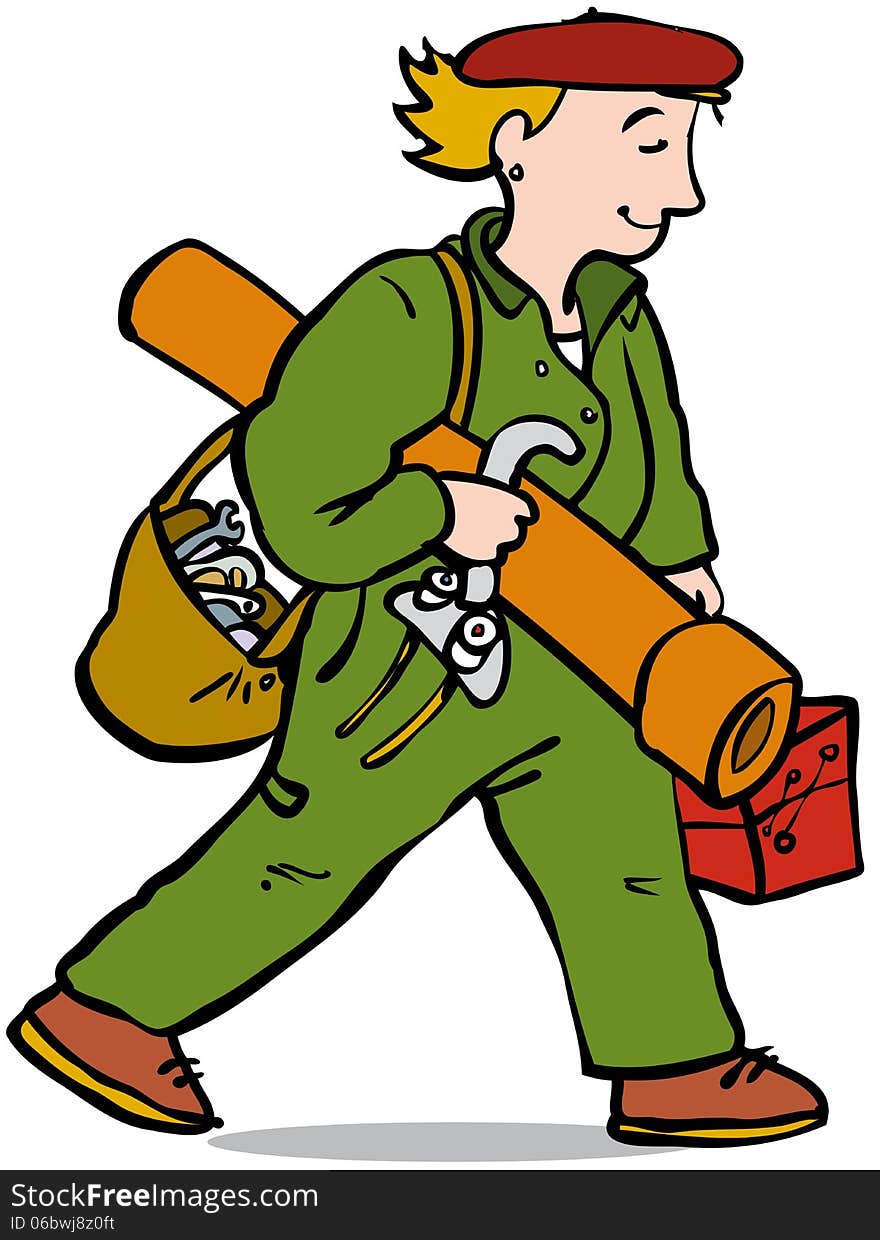 Androgynous plumber carrying much equipment