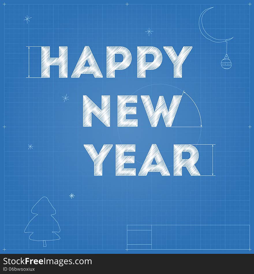 Card of New Year blueprint drawing