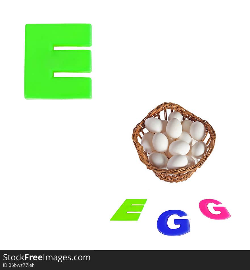 Illustrated alphabet letter e and eggs on white