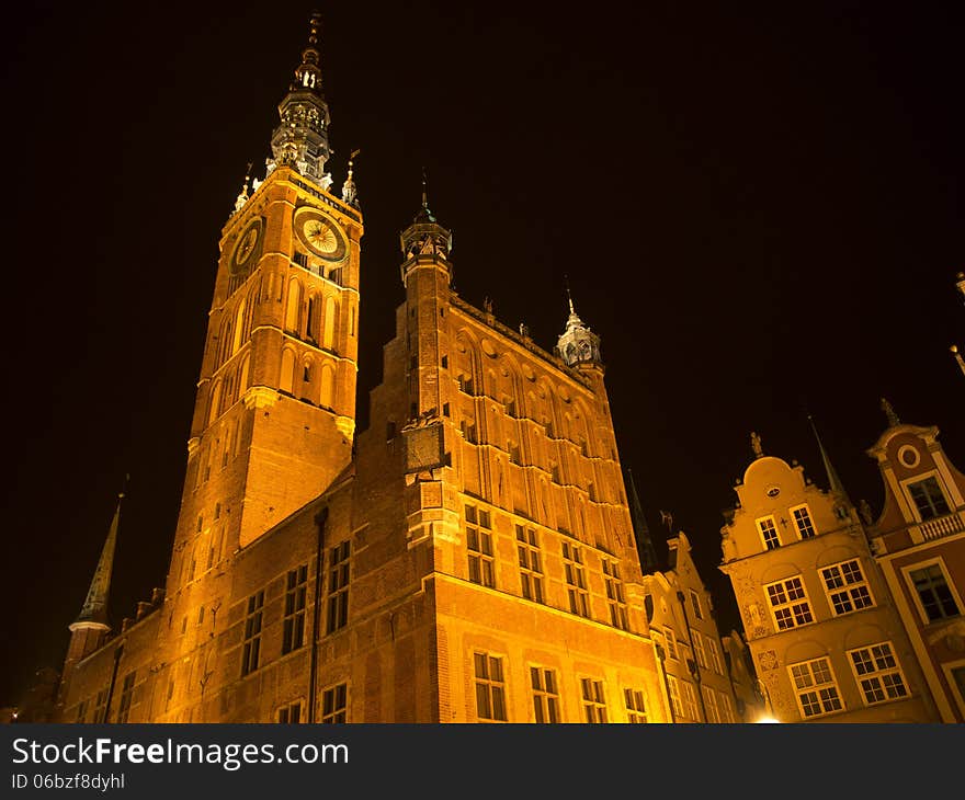 Town hall in Gdansk by night.