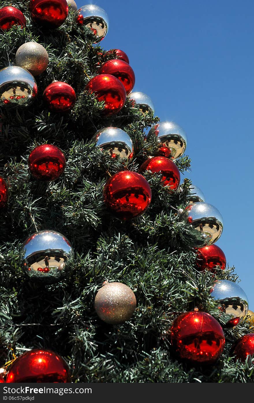 Silver and red metallic Christmas baubles reflect the sun and gleam under the hot sunshine and blue sky of an African summer. Silver and red metallic Christmas baubles reflect the sun and gleam under the hot sunshine and blue sky of an African summer.