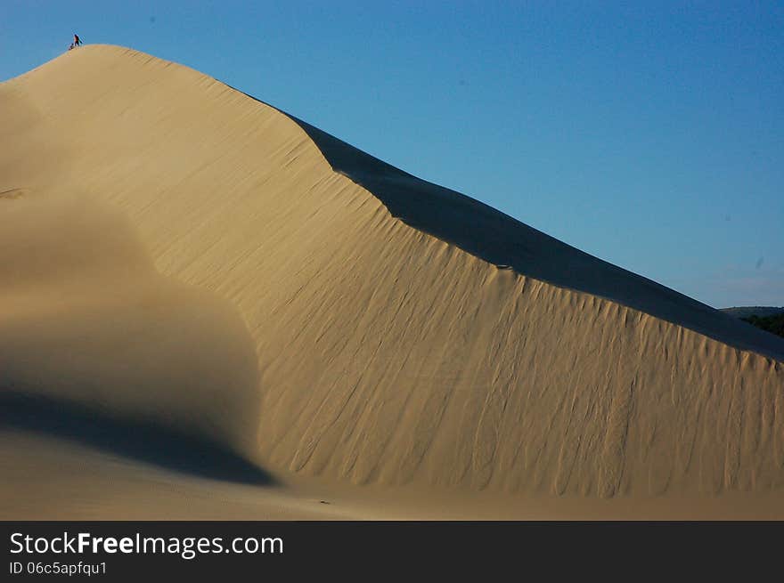 People dwarfed by high sand dune