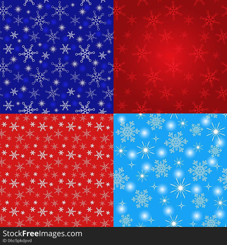 Four original seamless Christmas pattern with snowflakes and stars textures. Vector illustration