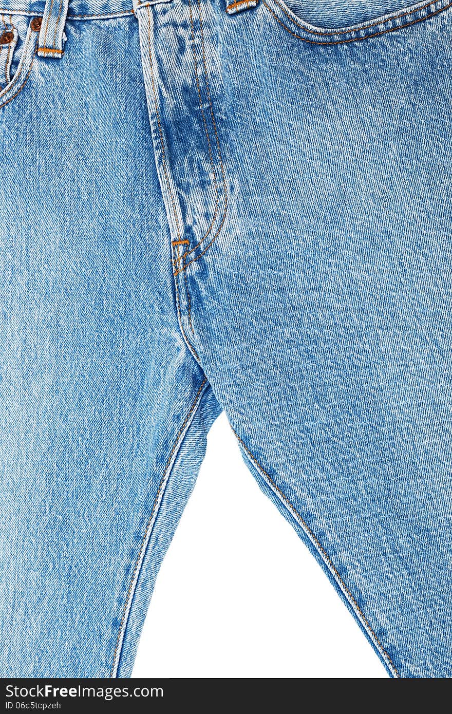 Blue jeans close up on white background