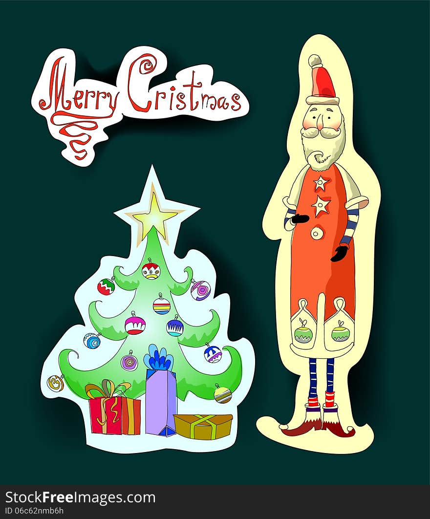 Santa Clause and Christmas tree made of paper stickers