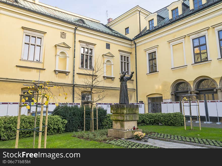 Monuments of Pope John Paul the second in the courtyard of the Bishops Palace at the Franciscan Street in Krakow. Monuments of Pope John Paul the second in the courtyard of the Bishops Palace at the Franciscan Street in Krakow