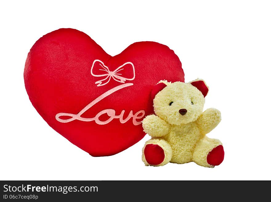 Cream colour bear and red heart pillow with love word