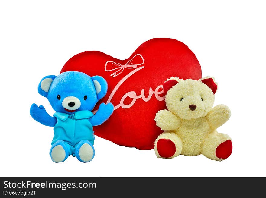 Blue and cream colour bears with red heart pillow