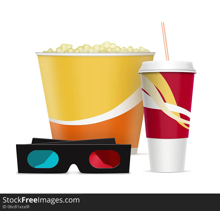 3d glasses with popcorn and soda drink on white