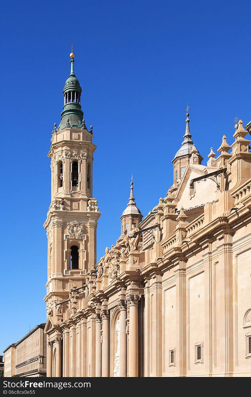 Closeup of Pilar Cathedral belfry against blue sky, Zaragoza, Spain. Closeup of Pilar Cathedral belfry against blue sky, Zaragoza, Spain