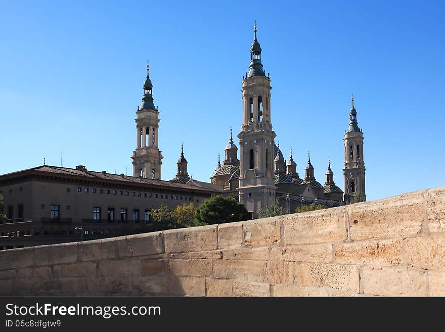 View at famous Pilar Cathedral against blue sky, Zaragoza, Spain. View at famous Pilar Cathedral against blue sky, Zaragoza, Spain