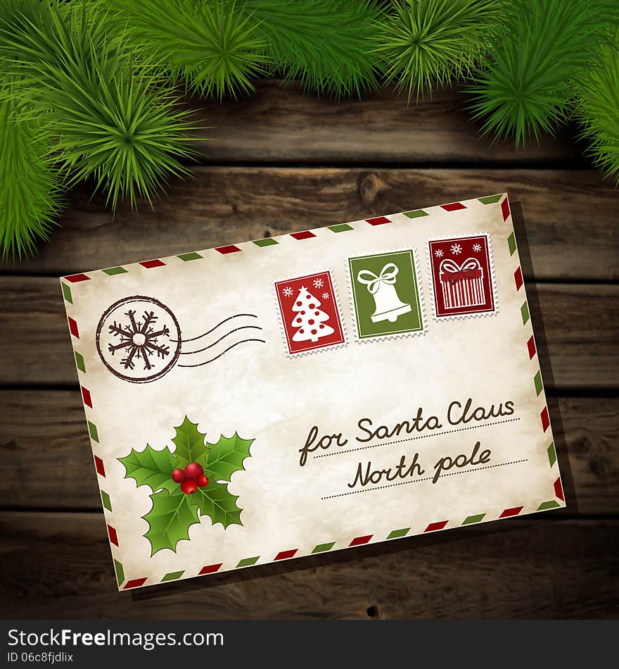 Vector illustration for Christmas letter to Santa Claus on a wooden background