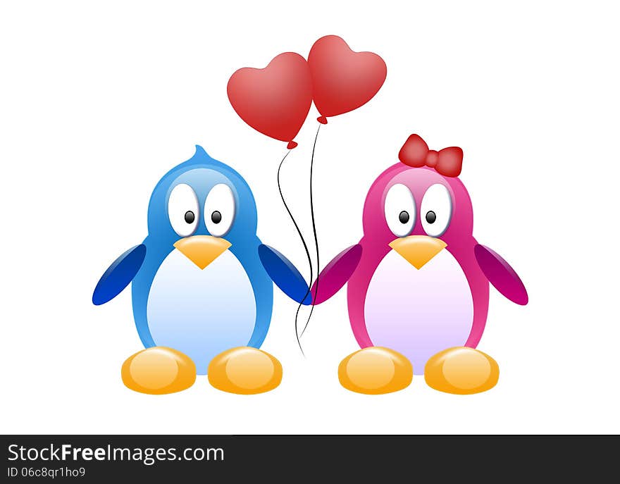 Two Penguins With Red Balloons