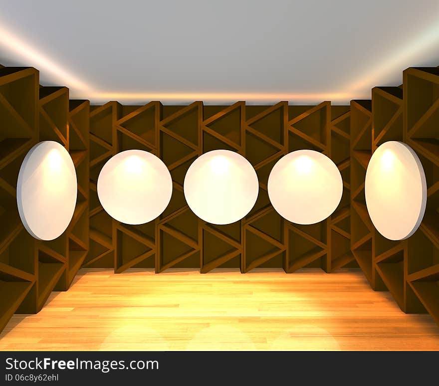 Empty room interior with circular white canvas on abstract brown wall in the gallery wooden floor. Empty room interior with circular white canvas on abstract brown wall in the gallery wooden floor.