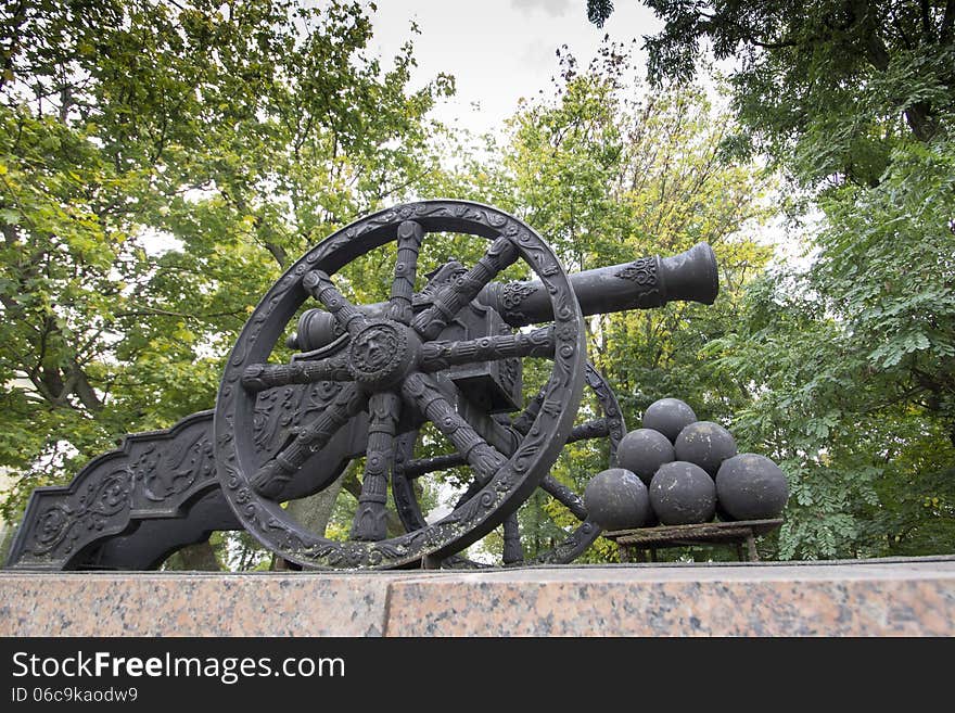 Old cannon near castle in Gomel, Belarus in autumn fall