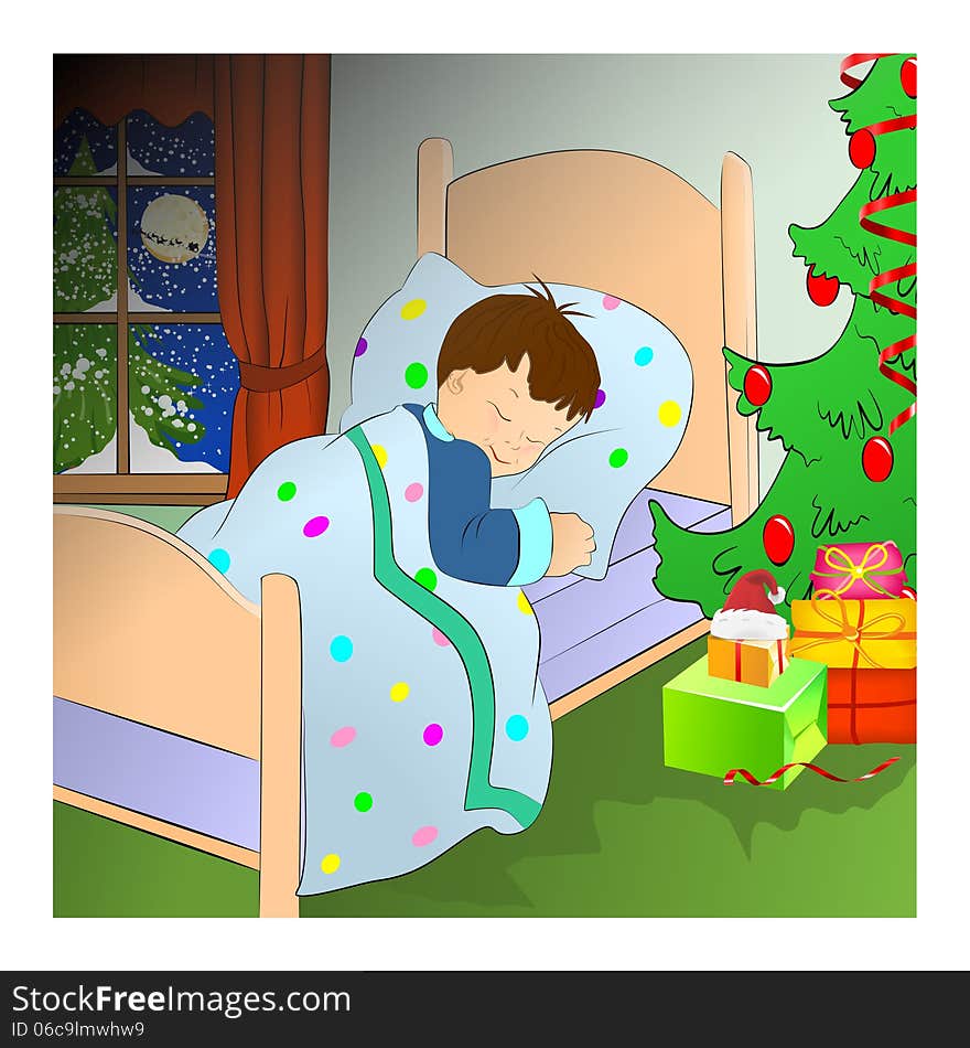 Boy sleeping in bed, Christmas tree and presents. Boy sleeping in bed, Christmas tree and presents