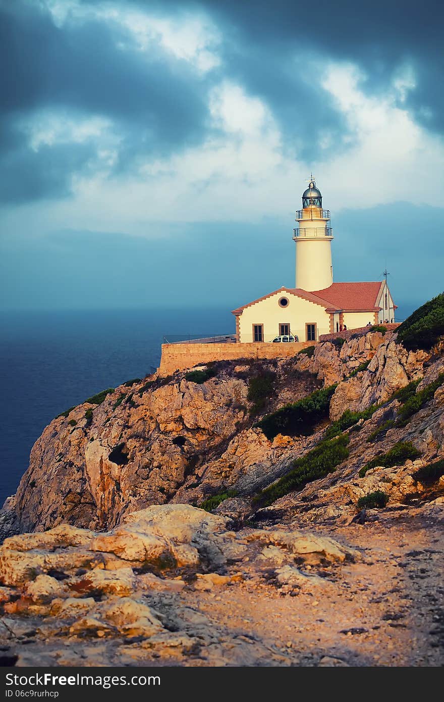 Sunset on lighthouse Capdepera in Mallorca, Spain