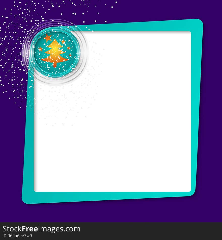 Green text frame and transparent circles with a Christmas tree and falling snow