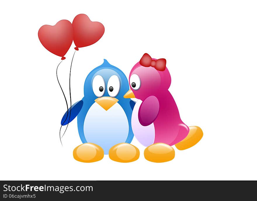 Girl penguin kissing boy penguin, which holding two red balloons in form heart. Girl penguin kissing boy penguin, which holding two red balloons in form heart.