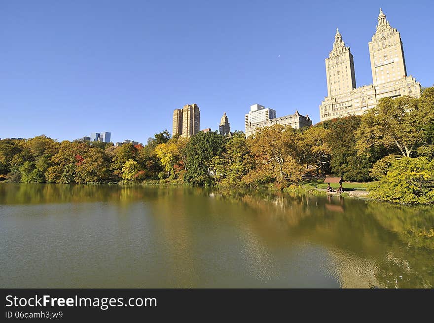 Central Park New York with buildings and lake