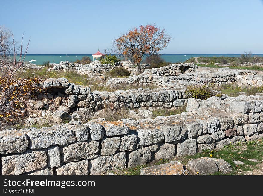 Crimea, Ukraine, Chersonese, the ruins of the ancient city, the old masonry, excavation, stone structure, ancient structures, culture. Crimea, Ukraine, Chersonese, the ruins of the ancient city, the old masonry, excavation, stone structure, ancient structures, culture