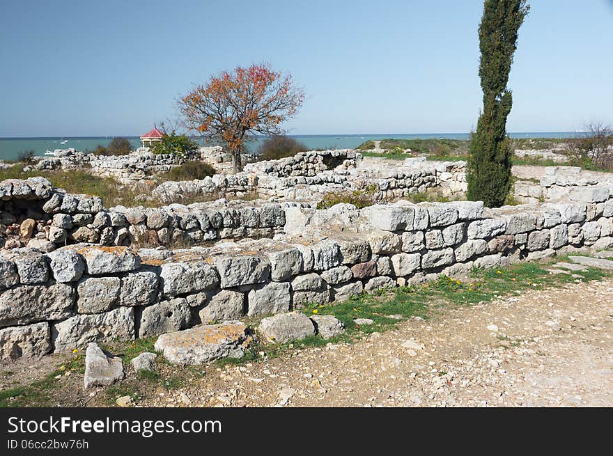 Crimea, Ukraine, Chersonese, the ruins of the ancient city, the old masonry, excavation, stone structure, ancient structures, culture. Crimea, Ukraine, Chersonese, the ruins of the ancient city, the old masonry, excavation, stone structure, ancient structures, culture