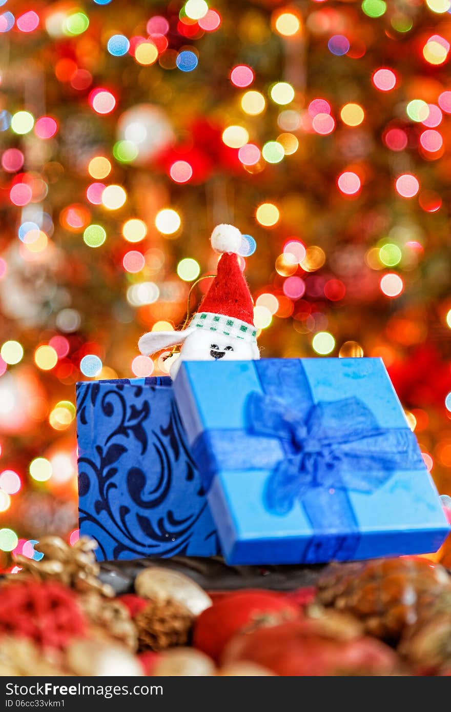 Christmas boxes on beautiful, bokeh, background. Christmas boxes on beautiful, bokeh, background