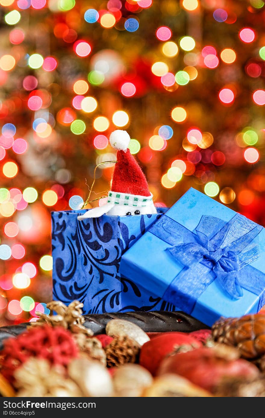 Christmas boxes on beautiful, bokeh, background. Christmas boxes on beautiful, bokeh, background