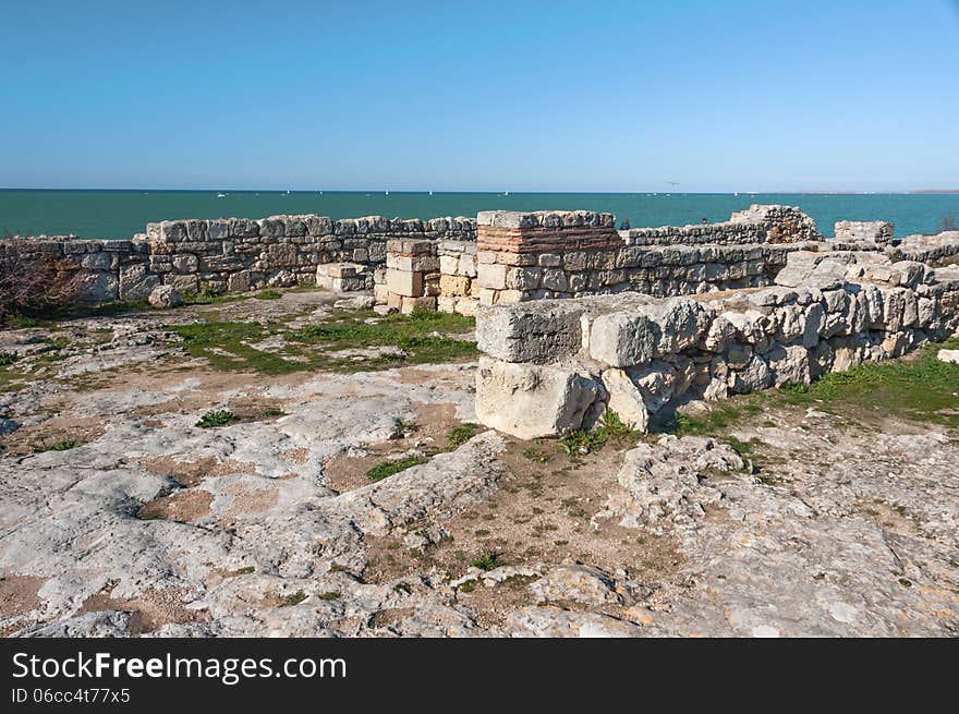 Crimea, Ukraine, Chersonese, the ruins of the ancient city, the old masonry, excavation, stone structure, ancient structures, culture. Crimea, Ukraine, Chersonese, the ruins of the ancient city, the old masonry, excavation, stone structure, ancient structures, culture