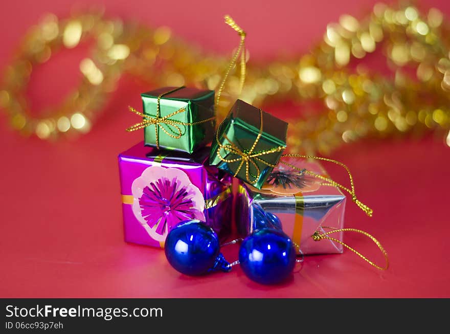 Item decorate for christmas tree on red background