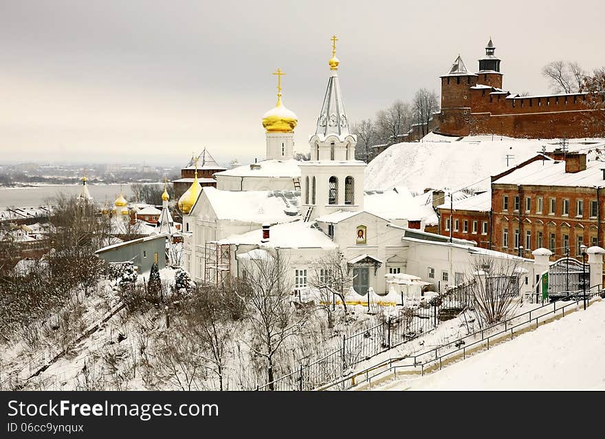 Winter december view of Church Elijah the Prophet and Kremlin Nizhny Novgorod Russia