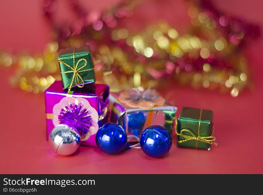 Item decorate for christmas tree on red background