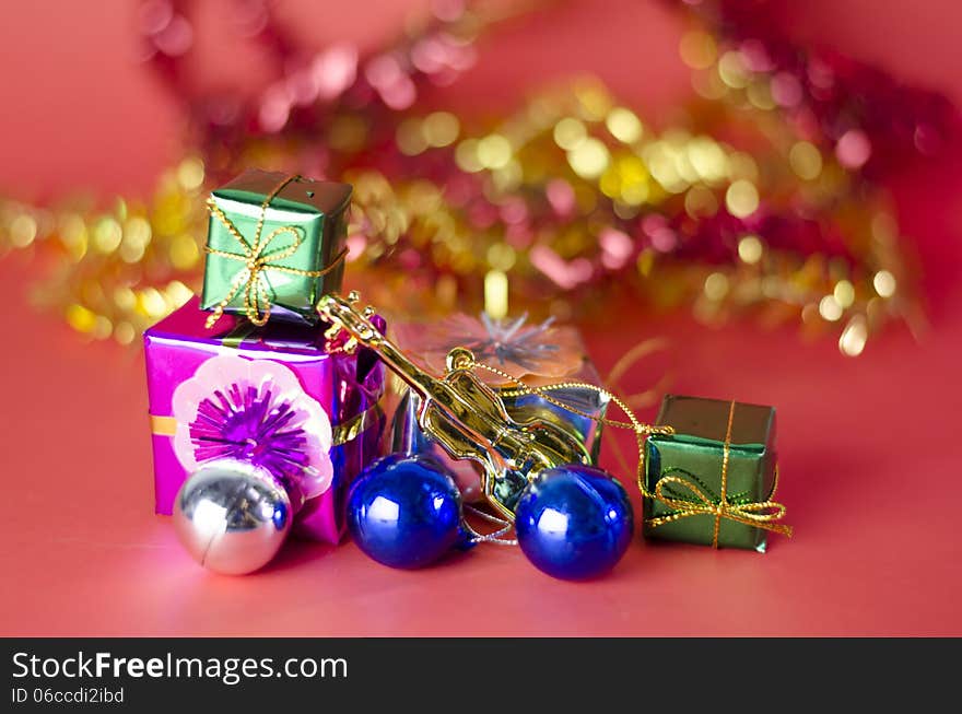 Item decorate for christmas tree on red background