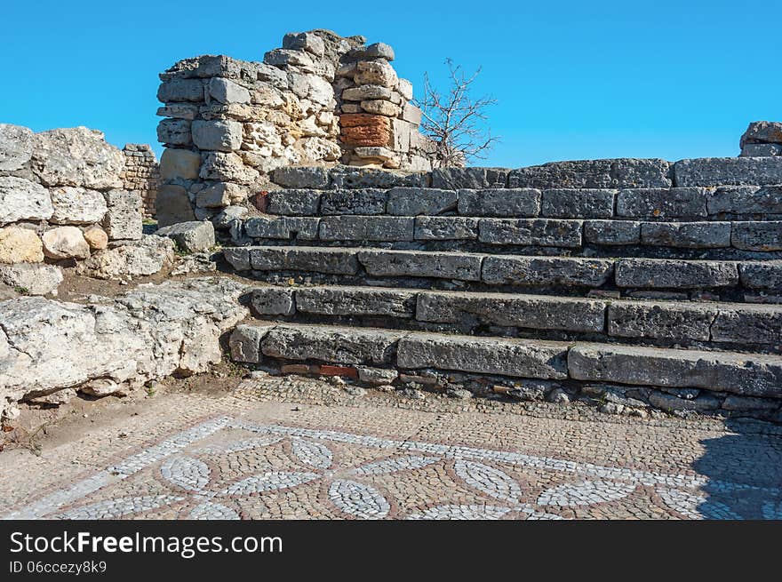 Crimea, Ukraine, Chersonese, the ruins of the ancient city, the old masonry, excavation, stone structure, ancient structures, culture. Crimea, Ukraine, Chersonese, the ruins of the ancient city, the old masonry, excavation, stone structure, ancient structures, culture