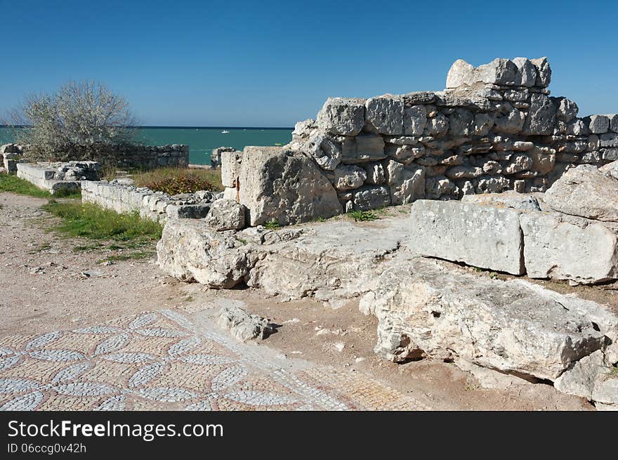 Crimea, Ukraine, Chersonese, the ruins of the ancient city, the old masonry, excavation, stone structure, ancient structures, culture. Crimea, Ukraine, Chersonese, the ruins of the ancient city, the old masonry, excavation, stone structure, ancient structures, culture