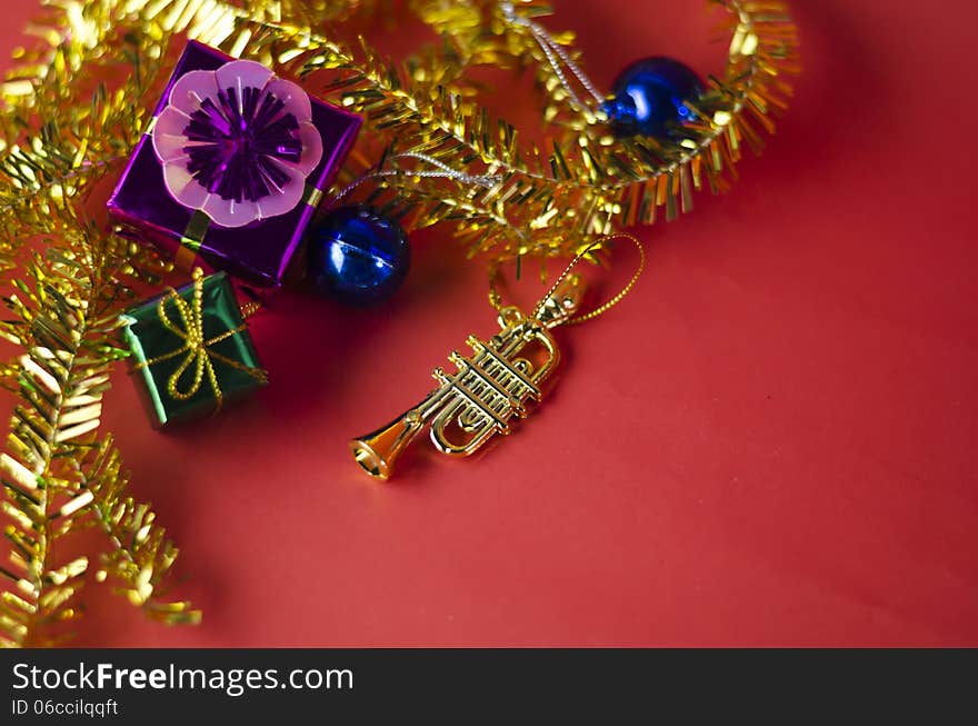 Item decorate for christmas tree on red background