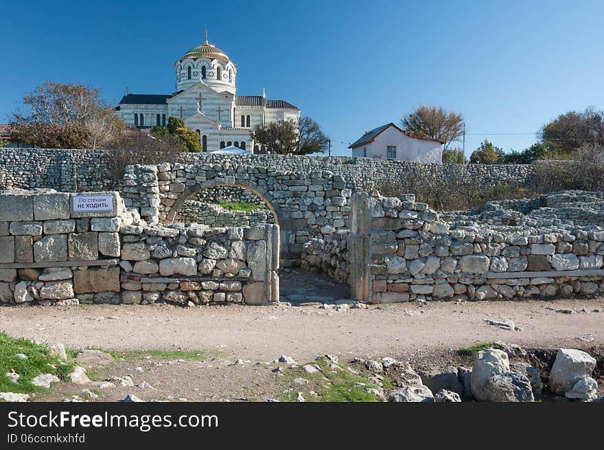 Crimea, Ukraine, Chersonese, the ruins of the ancient city, the old masonry, excavation, stone structure, ancient structures, culture. Crimea, Ukraine, Chersonese, the ruins of the ancient city, the old masonry, excavation, stone structure, ancient structures, culture