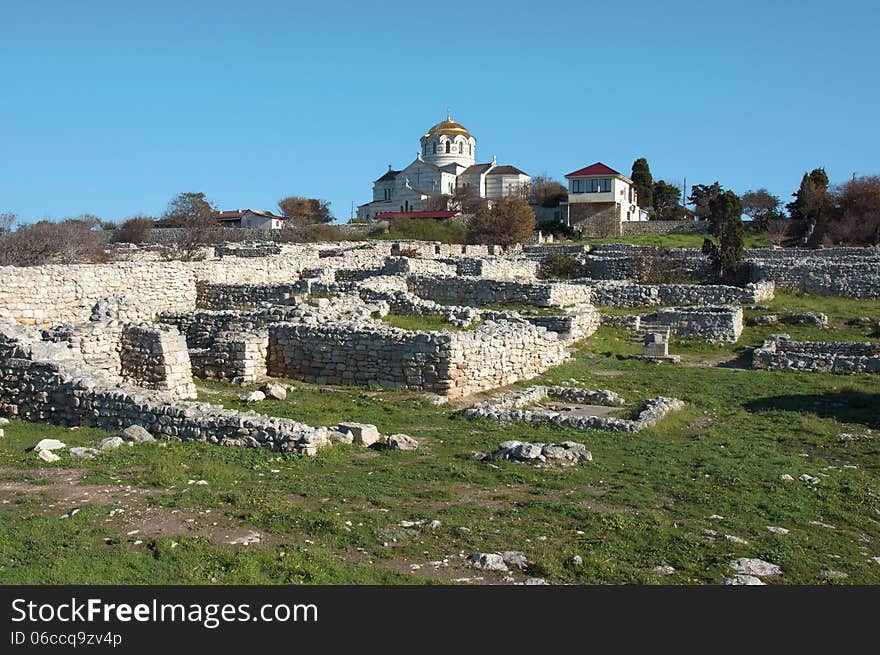 Crimea, Ukraine, Chersonese, the ruins of the ancient city, the old masonry, excavation, stone structure, ancient structures, culture. Crimea, Ukraine, Chersonese, the ruins of the ancient city, the old masonry, excavation, stone structure, ancient structures, culture