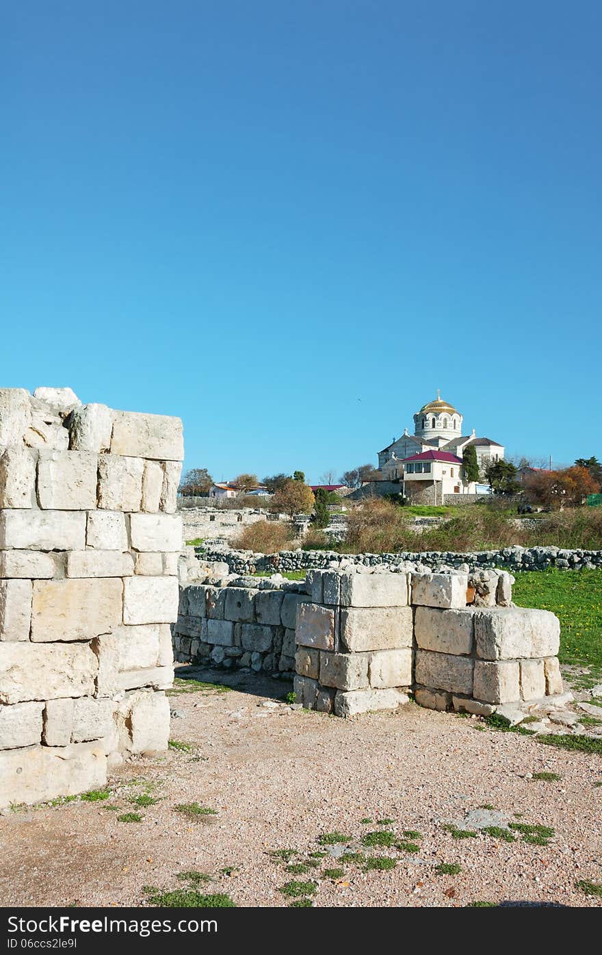 Crimea, Ukraine, Chersonese, the ruins of the ancient city, the old masonry, excavation, stone structure, ancient structures, culture. Crimea, Ukraine, Chersonese, the ruins of the ancient city, the old masonry, excavation, stone structure, ancient structures, culture