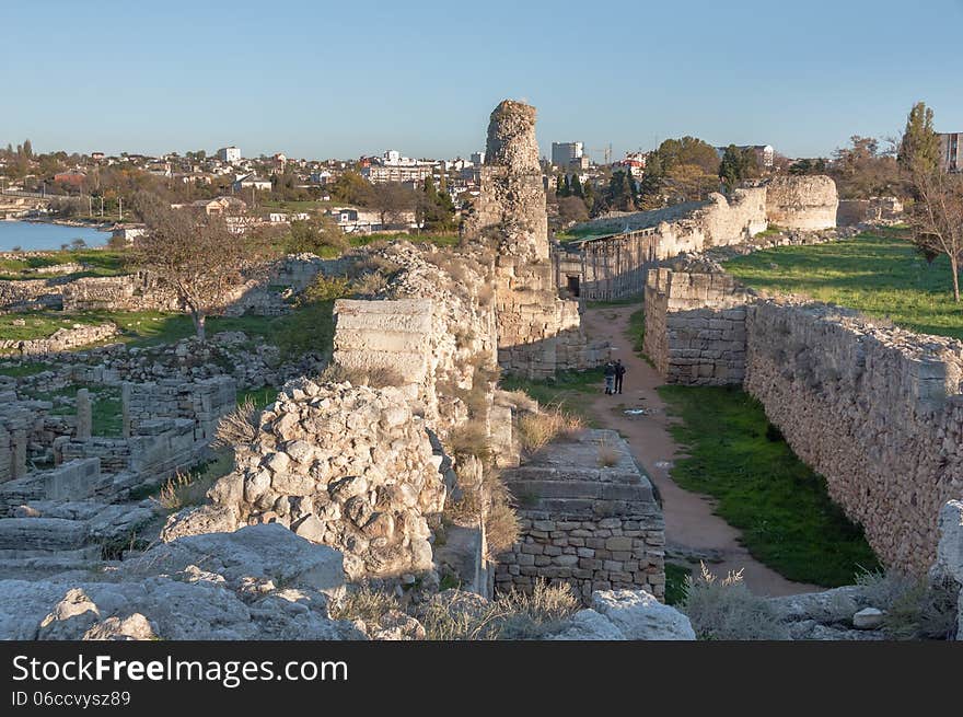 Crimea, Ukraine, Chersonese, the ruins of the ancient city, the old masonry, excavation, stone structure, ancient structures, culture. Crimea, Ukraine, Chersonese, the ruins of the ancient city, the old masonry, excavation, stone structure, ancient structures, culture