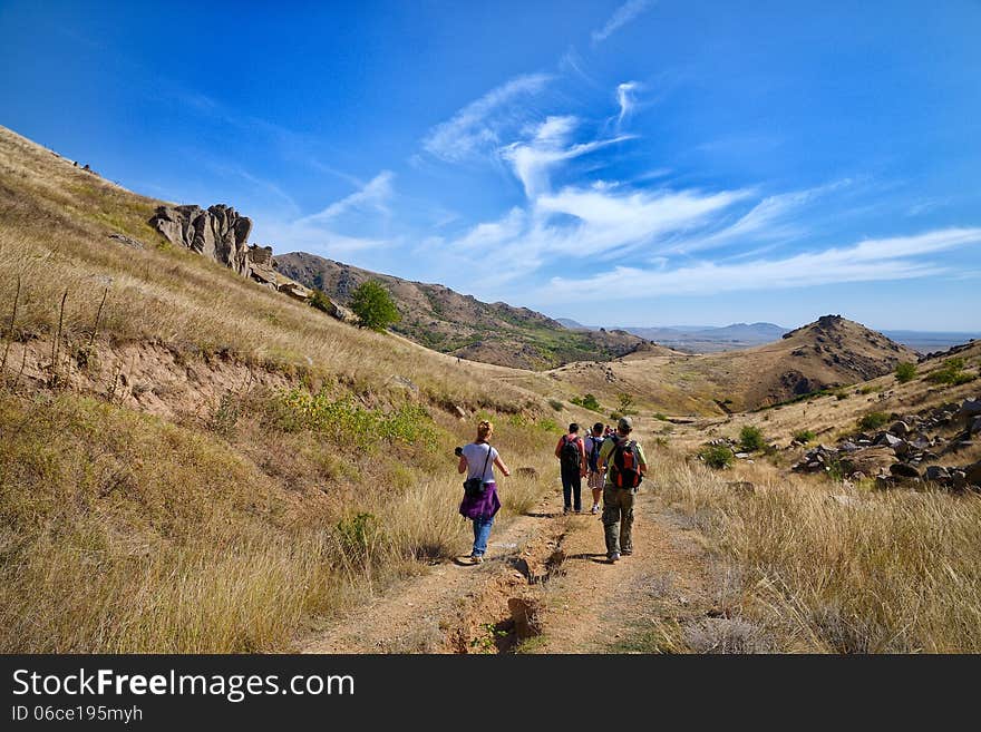 Group people photographer walking in nature. Group people photographer walking in nature