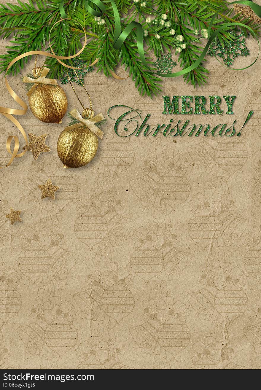 Christmas vintage cardboard background with fir branches and beautiful Christmas decorations. Christmas vintage cardboard background with fir branches and beautiful Christmas decorations