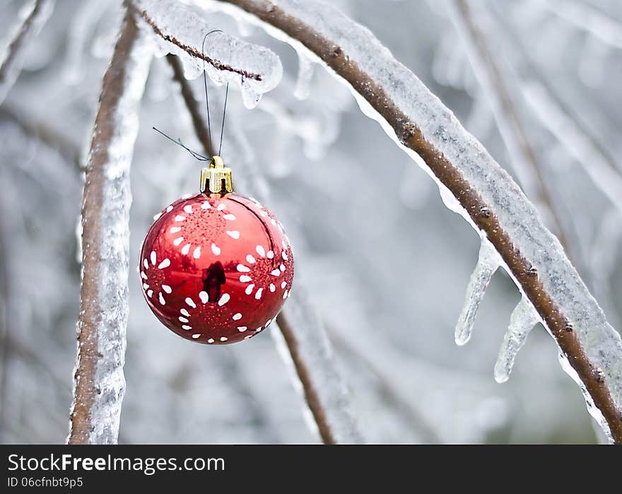 White on red Christmas ornament hanging from icy branch in winter scene. White on red Christmas ornament hanging from icy branch in winter scene.