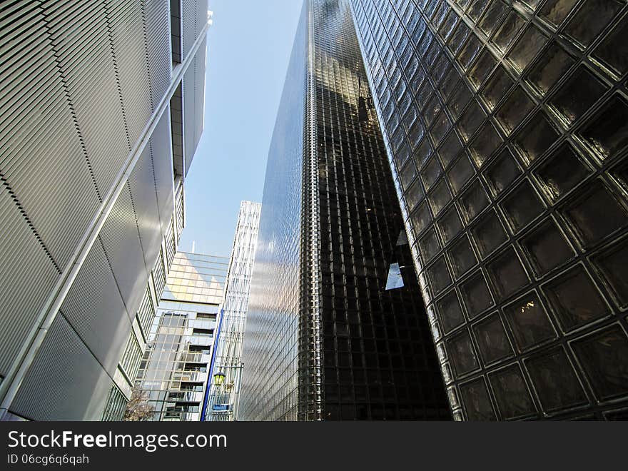 Wide angle view of modern building glass block wall