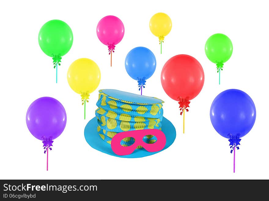 Colorful Balloons And Hat With Mask