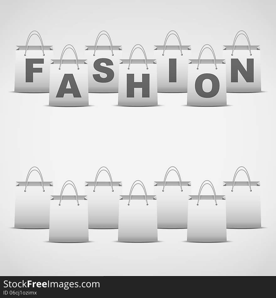 Vector Background shopping bag and inscription fashion. Illustration of sale, commerce, consumerism.